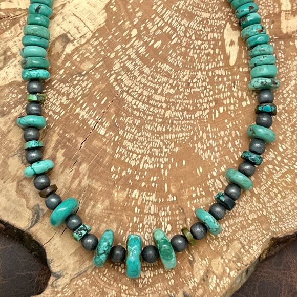 NATIVE AMERICAN Sterling Silver & Hubei Turquoise Beaded Necklace 24.75" - Picture 2 of 4